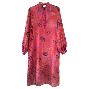 OLEG CASSINI Size 10 Red Gold Silk Mandarin Collar Long Sleeve Midi Dress VTG
